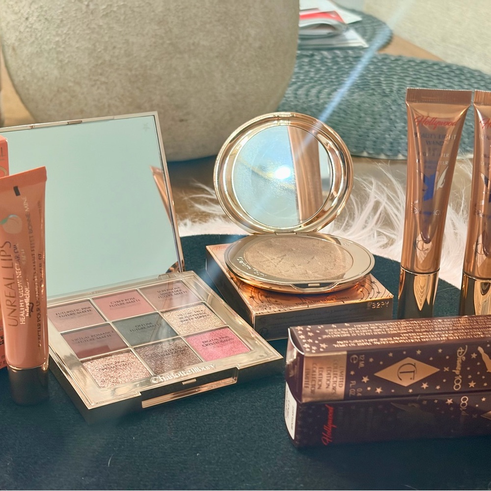 Charlotte Tilbury Eyeshadow Palette, Highlighters, Peach Lip, and Bronze Glow